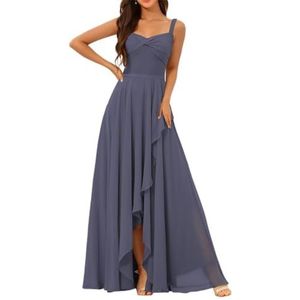 Chiffon bruidsmeisjesjurken voor dames, met split, lange baljurken, cocktailjurken, grote maten, Stormy Blauw, 32
