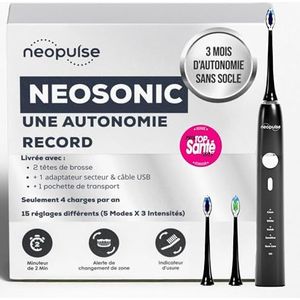 NEOPULSE® - Zwarte sonische elektrische tandenborstel - NeoSONIC® - Oplaadbaar - 3 maanden batterij - 15 instellingen - Timer - 2 borstels: 1 Zacht & 1 Ultra Soft (Zwart) - Frans merk