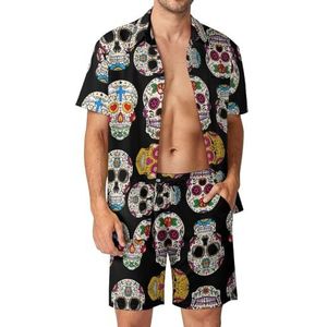 Dode Kleurrijke Bloemen Suiker Schedel Casual Heren Shorts En Shirts Sets Zomer Hawaiiaanse Pakken Vakantie Zwemmen XL