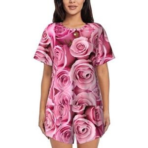 JEJEA Roze Rose Print Vrouwen Korte Mouw Tee Nachtkleding Korte Sets Korte Pyjama Sets Zachte Pj Lounge Sets, Zwart, XXL