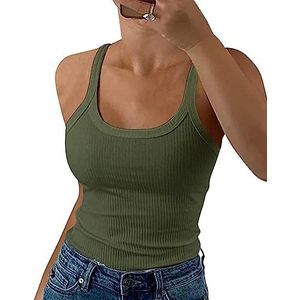 GEMBERA Vrouwen Spaghettiband Ronde Hals Geribbelde Tanktops Slank Getailleerd Katoenen Hemdje Basic Mouwloze Gelaagde Shirts, Olijfgroen, L