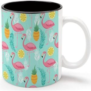 Flamingo En Ananas Gepersonaliseerde Koffiemok Koude Dranken Warme Melk Thee Cup Zwarte Voering Keramiek Tumbler met Handvat Gift voor Vrouwen Mannen 11oz