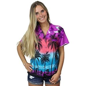 KING KAMEHA Damesblouse met korte mouwen Casual-Button-Down Hawaii-Vacation, Blouse-strand-design-paars, XL