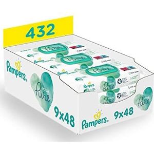 Pampers Aqua Pure Billendoekjes, 432 Babydoekjes (9 x 48 Doekjes), 99% water en hoogwaardig katoen, Dermatologisch Getest