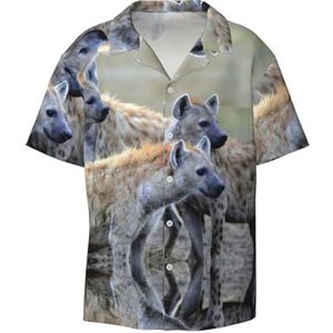 Dieren Hyena Print Heren Korte Mouw Button Down Shirts Casual Losse Fit Zomer Strand Shirts Heren Overhemden, Zwart, XXL