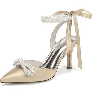 KYEGLO Satijnen Afstudeerschoenen Voor Dames Met Parelstrik, Puntige Neus, Hoge Hak En Parelriempje Om De Enkel, Perfect Voor Bruiloften En Schoolfeesten,Champagne,36
