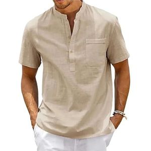 UBOHUZ Mannen Korte Mouw Shirt Katoen Linnen Shirt Mannen Pocket Casual Strand Korte Mouw Effen Kleur Mannelijke Tops T-shirts voor Vrije tijd, Kaki, 3XL