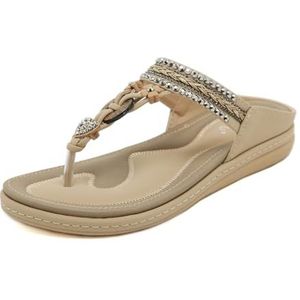 EFLALYHG Dames slippers Dressy Flats Bohemian Summer Split Toe Sandalen Wandelen Strand Gladiator met Boog Ondersteuning Waterschoenen,Apricot,36 EU