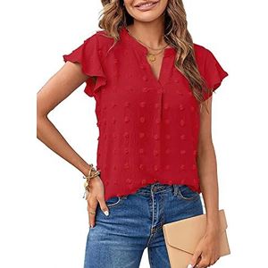 Vnnigmn Damesblouse met V-hals van chiffon, elegante blouses met stippen, effen, korte mouwen met ruches, losse tops voor de zomer, Rood, M