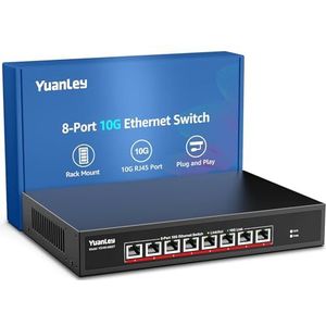 YuanLey 8-Poorts 10G Ethernet-Switch, 8 x 10Gbps RJ45-Poorten, Ondersteuning voor 10G/5G/2.5G/1G/100M Speed Auto-Negotiation, 160Gbps Schakelcapaciteit, Unmanaged Switch Rackmountable, Gebruiksklaar