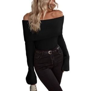 Damestruien Off Shoulder Fold Over Sweater (Color : Black, Size : S)