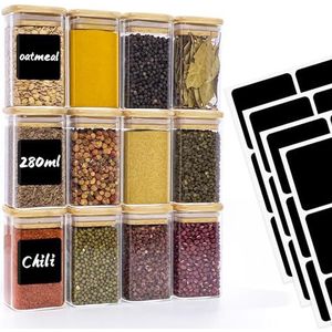 Withosent set van 12 glazen voorraadpotten, 280 ml kruidenpotjes vierkant houten deksel, voorraadpotten glazen containers met kleine deksels, stapelbare keukenkruidenpotten voor specerijen