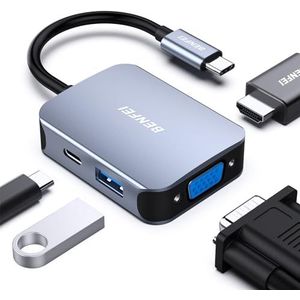BENFEI USB C HUB 4-in-1, USB Type-C naar HDMI VGA-adapter, USB C naar USB-adapter, USB Type-C Power Delivery, compatibel met iPhone 15 Pro/Max, MacBook Pro/Air 2023, iPad Pro, iMac, S23, XPS 17
