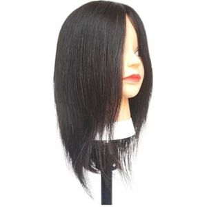 Mannequinhoofd van echt haar, natuurlijk zwart, oefenmodel for professionele kapper, kan gestreken en geverfd worden(Medium Black)