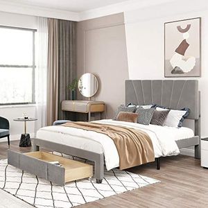 Aunvla Gestoffeerd bed, 140 x 200 cm, bed met lattenbodem, rugleuning en grote lade, huidvriendelijke flanellen stof, grijs, tweepersoonsbed, tienerbed (zonder matras)