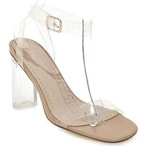 WOkismD 9 cm transparante sandalen met hoge hakken voor vrouwen in de zomer, met een rechte riem en nachtclubstijl, vierkante teen sandalen voor vrouwen, Transparant, 35 EU