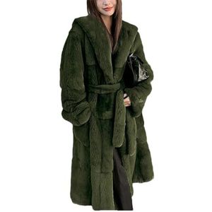 Dvbfufv Vrouwen Faux Jas Vrouwen Losse Warme Uitloper Vrouwen Dikke Winter Lange Jas Vrouwelijke Casual Riem Hooded Jas, Leger EN8, XS