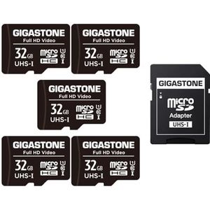 Gigastone Geheugenkaart 32 GB 5 kaarten, hoge leessnelheid tot 90 MB/s. Ideaal voor dronecamera Full HD video, U1 C10 Micro SDHC UHS-I met 2 mini-hoesjes en 1 SD-adapter.