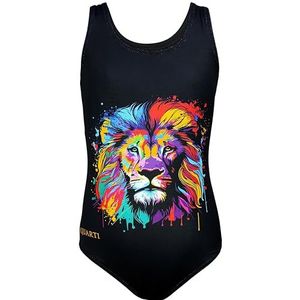 Aquarti Meisjes Badpak met Racerback en Dolfijn Print, Kleurrijke leeuw/zwart, 116