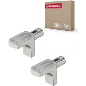 Gedotec H9637 Glazen plankdrager, 5 mm, plankdrager, hout, plankdrager om in te steken, vernikkeld staal, transparant kunststof, 20 stuks, plankpennen voor boorgaten