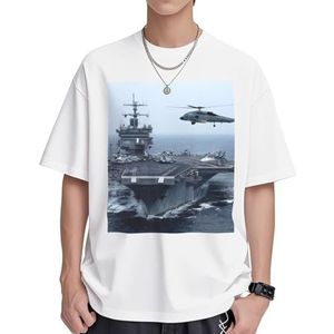 Vliegtuigdrager print katoenen T-shirts voor dames, casual tuniek met korte mouwen, ronde hals, zomer, basic, losse pasvorm T-shirt, Wit, S