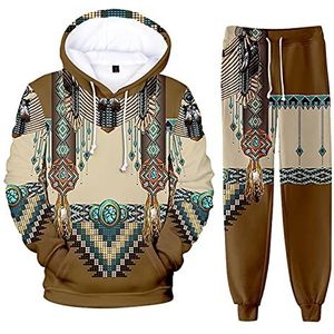 kewing Native Indian Hoodie Unisex Trainingspak, 2-delige set, lange mouwen, dames en heren, hoodie + joggingbroek 3D-bedrukte sportkleding, Stijl 14, XL