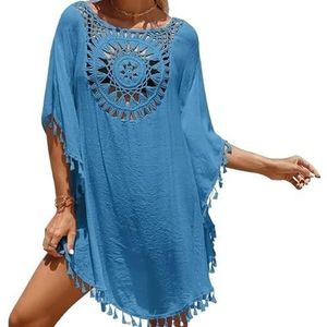 SkyjOy Cover Ups Voor Vrouwen Strandkleding Kant Strand Cover Up Vrouwen Bikini Badpak Kleine Kwastje Holle Jurk Losse Solide Badpakken Cover-Ups Beachwear Badpak Cover Ups Voor Vrouwen (Blauw)