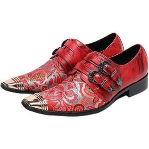 ZZveZZ Blauwe, Gele En Rode Leren Schoenen Met Bloemenborduursel For Heren, For Feesten En Banketten(Red,48 EU)