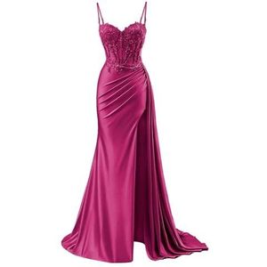 KURFACE Satijnen galajurken voor dames met split kant applicatie spaghettibandjes beroemdheden optocht jurk formele jurk, Fuchsia, 32