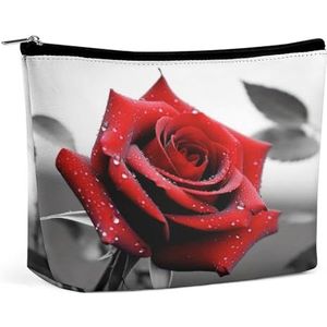 JKLPOMN Vrouwen draagbare reizen make-up tas, zwart-wit rood roos bedrukte waterbestendige make-up zakken, schattige make-up tas, van toepassing op cosmetica, make-up borstels toiletartikelen,