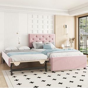 FAYICIC Gestoffeerd bed, 90 x 200 cm, bed met lattenbodem (zonder matras), bed met rolcontainer, fluweel, minimalistisch (roze)