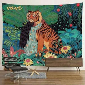 SEIBES Hippie psychedelisch tijger wandtapijt, muuropknoping boho kamerdecoratie, esthetische mysterieuze bloem jungle maan landschap bos tapijt, M-150 cm x 130 cm
