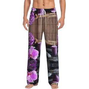 Paarse Bloemen En Kaarsen Mannen Lange Lounge Wear Broek Nachtkleding Pyjama Bodems Nachtkleding Met Zakken En Trekkoord, Wit, S