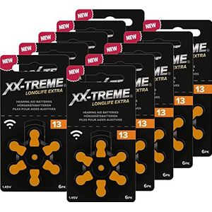 XX-Treme Longlife extra gehoorapparaatbatterijen type 13, 60 stuks gehoorapparaten, ontworpen voor de hoogste prestaties, verpakking met 10 blisters à 6 gehoorapparaatbatterijen, PR48 kleurcode oranje