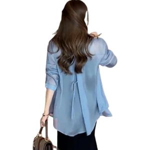 KIKIATA Zomerzonnebrandcrème chiffon shirt, plus size dunne zonbescherming top voor vrouwen, UV-gesneden cool touch vest, chiffon blouses, Hemelsblauw, S