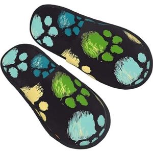 BONDIJ Kleurrijke hondenpoot print zwarte print slippers zachte pluche huispantoffels warme instappers gezellige indoor outdoor slippers voor vrouwen, Zwart, one size