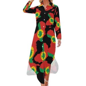Oromo Vlag op de kaart van Afrika dames maxi-jurk lange mouwen knopen overhemd jurk casual feest lange jurken 4XL