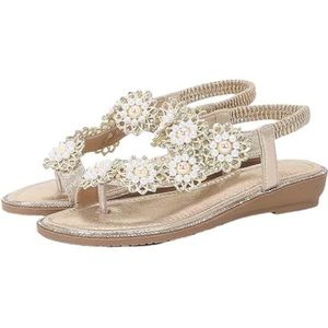 Xytraiihw Damessandalen, zomerse casual platte sandalen met clipneus elastische band met parels strandschoenen comfortabele lichtgewicht comfortabele slippers voor bruiloften,Goud,36 EU