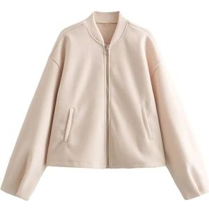 Dvbfufv Vrouwen Herfst Bomberjack Effen Kleur Jas Casual Stand Kraag Lange Mouw Jas Vrouwen Kleding Jas, Beige, S