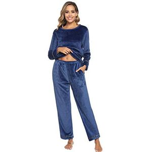 Sykooria Pyjama-set voor dames, lange mouwen, contrasterende kleur, flanel, S-XXL, Marineblauw, S