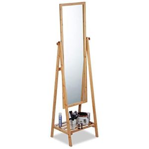 Relaxdays staande spiegel bamboe, draaibaar, met opbergplank, om neer te zetten, HBD: 160x40x36 cm, op pootjes, natuur