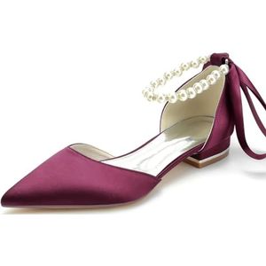 Vrouwen Puntige Teen Ivoor Bruiloft Flats Satijn Parelen Enkelband Bruiloft Schoenen Voor Bruid Prom Avond Bruidsfeest Jurk Flats,Burgundy,36 EU