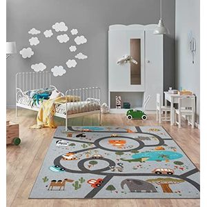 The Carpet Happy Life Speelkleed, tapijt voor kinderkamer, wasbaar, verkeersmat met straten, jungle, dieren, auto‘s, grijs, 140 x 200 cm
