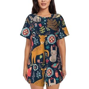Uil konijn vogel vos print dames zomer zachte tweedelige bijpassende outfits korte mouw pyjama lounge pyjama sets, Zwart, XL