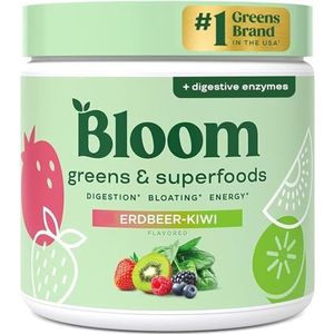 Bloom Superfood Poeder Vrouwen – Aardbei-Kiwi – Met probiotica, enzymen, spirulina, chlorella – Ondersteunt de darmgezondheid, detox & energie – Tegen een opgeblazen buik – 30 porties – Smoothie Boost
