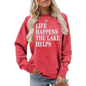 MLZHAN Life Happens The Lake helpt afdrukken vrouwen sweatshirt lange mouw mode sweatshirts ademende losse pasvorm truien, Rood 2, XL