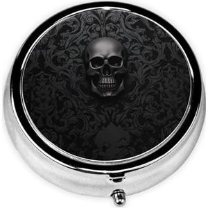 Schattig gotisch behang schedel draagbare pillendoos - ronde pillenorganisator, doseerkoffer, 3 compartimenten medicijnpillenetui voor reizen, kleine pillendoos voor portemonnee en zak