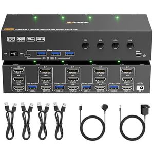 MLEEDA KVM Switch 4 PC 3 Monitor 4K@60Hz EDID Simulatie, HDMI + DP Triple Monitor KVM Switch 4 Computers Deel 3 Monitor en 4 USB-Port, Inbegrepen 12V Voeding, Kabelafstandsbediening en 4 USB Kabels