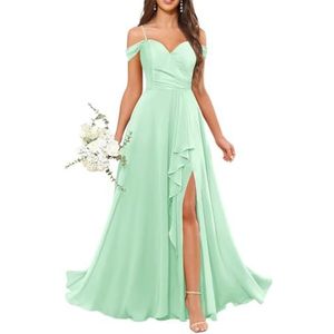 Chiffon bruidsmeisjesjurken voor dames, met split, lange baljurken, cocktailjurken, grote maten, mintgroen, 32
