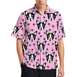 Bulldog en Paw Print T-shirt met korte mouwen voor heren, casual button-down, zomer, strand, top met zak